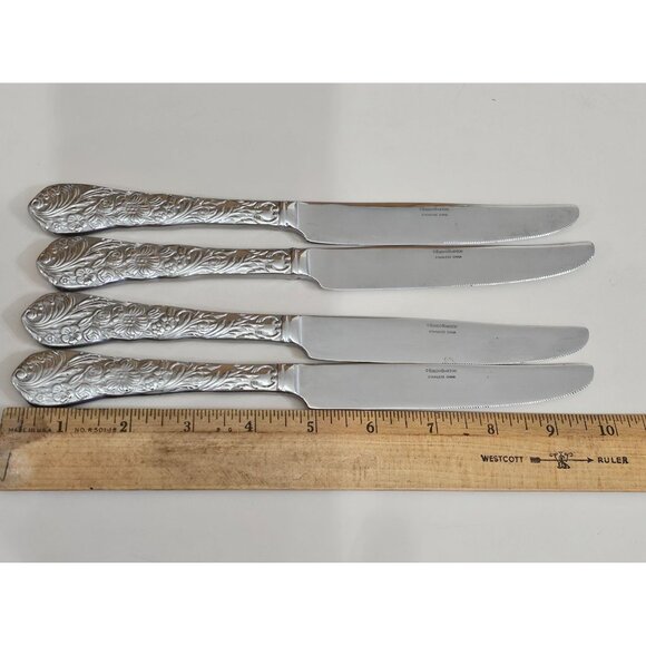 Reed Barton Flora Dinner Knives 10" set/4 stainless embossed flowers chintz - Picture 6 of 6